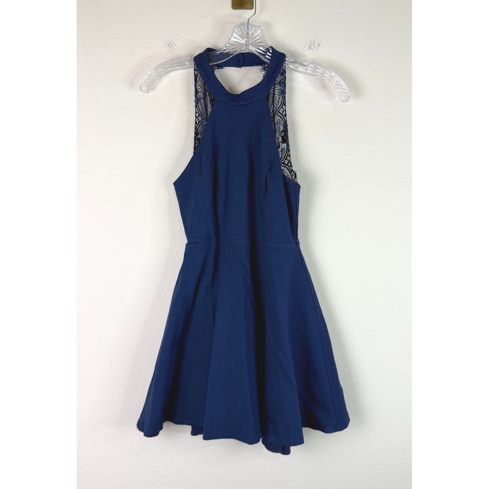Lulus Dress Womens Medium Navy Blue Lace Halter Fit Flare Skater Mini Cocktail
